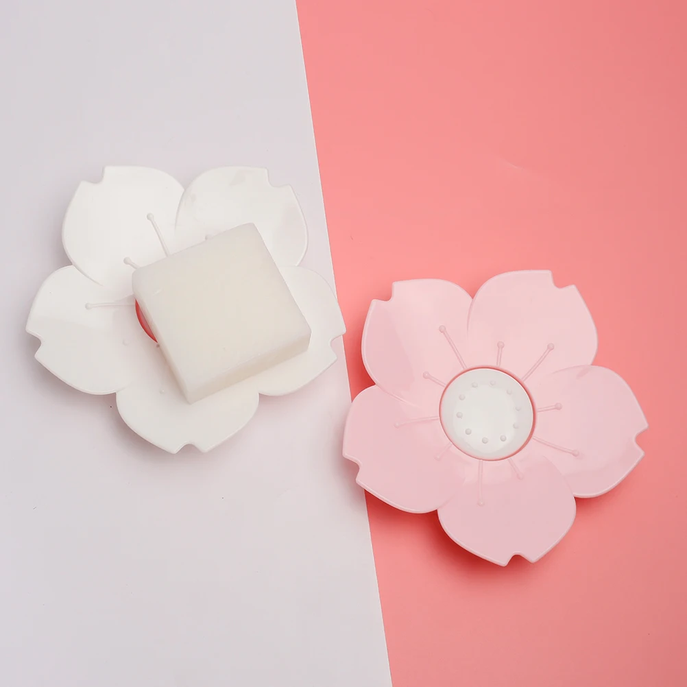 

2 pcs Cherry Blossom Dish Flower Shaped Plastic Soap Box Detachable Draining Soap Holder For Bathroom Kitchen Travel Pink