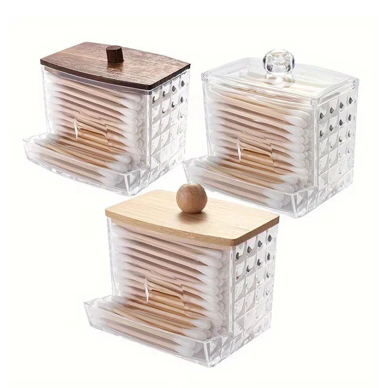 Transparent Cotton Swab Cotton Pad Storage Box with Bamboo Lid Dustproof Bathroom Vanity Makeup Cosmetic Container