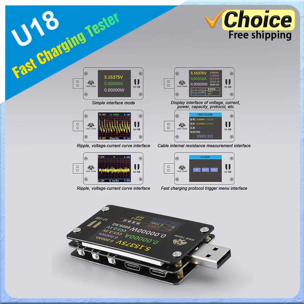 

OSS U18 Тестер быстрой зарядки Type-C/USB-A PD2.0/QC3.0 1,77 "ЖК-дисплей Высокоточный инструмент для проверки напряжения/тока PD