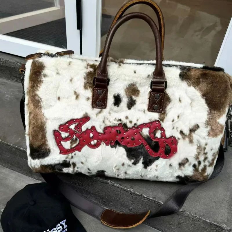 

2026 New Trend Large Capacity Leopard Cow Print Tote Bags Furry Fluffy Shoulder Bag Pu Leather Underarm Bags Soft Plush Handbag
