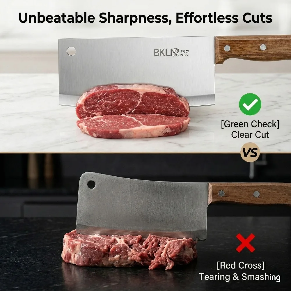 New Professional Meat Cleaver Ultra Sharp Chef Knife,Lightweight 30Cr13 Stainless Steel Kitchen Slicing Knife with Wood Handle