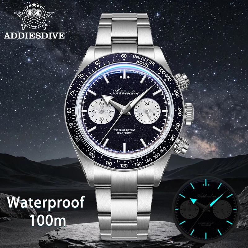 ADDIESDIVE NEW AD2558 Chronograph Men's Watch BGW9 Super Luminous 10Bar Waterproof Japanese VK64 Quartz Watch ”Starry Sky“