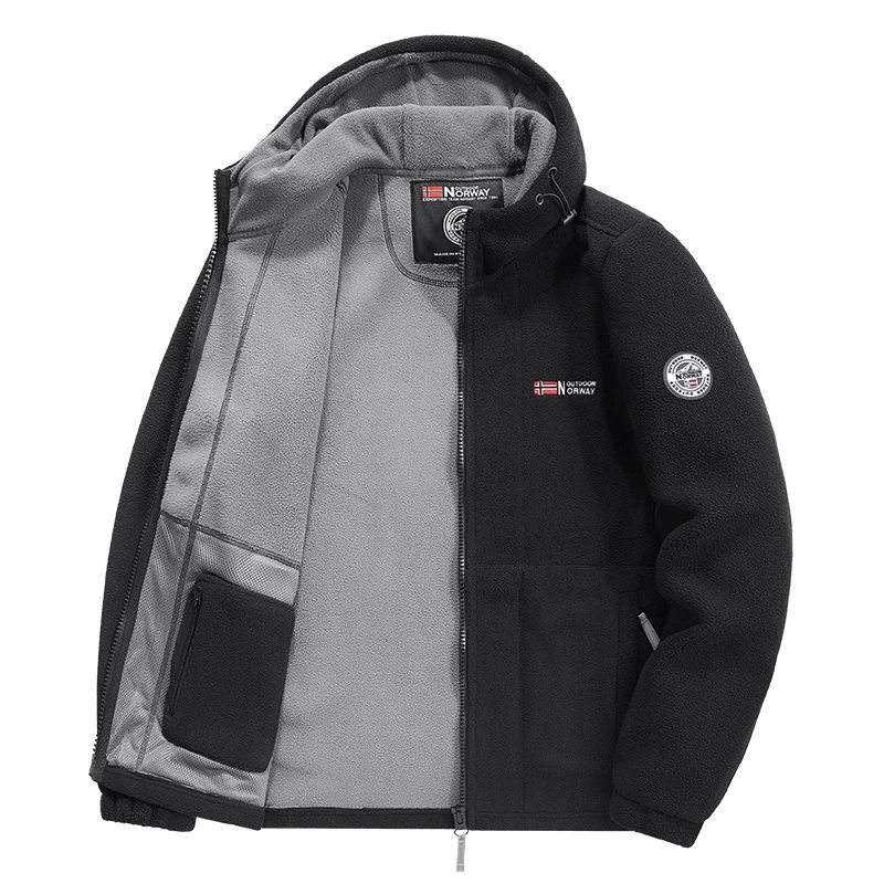 

Autumn and winter men's hooded jacket, fleece to keep warm, embroidered label Outdoor Sport Coat for Male