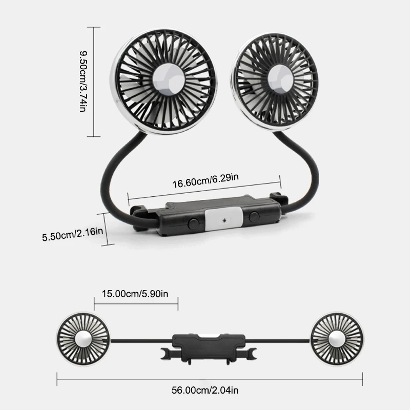 SEAMETAL Car Cooling Fan 360 Adjustable Dual Head Car Fan Low Noise Automotive Electric Fan Type C Charge for Dashboard RV Truck