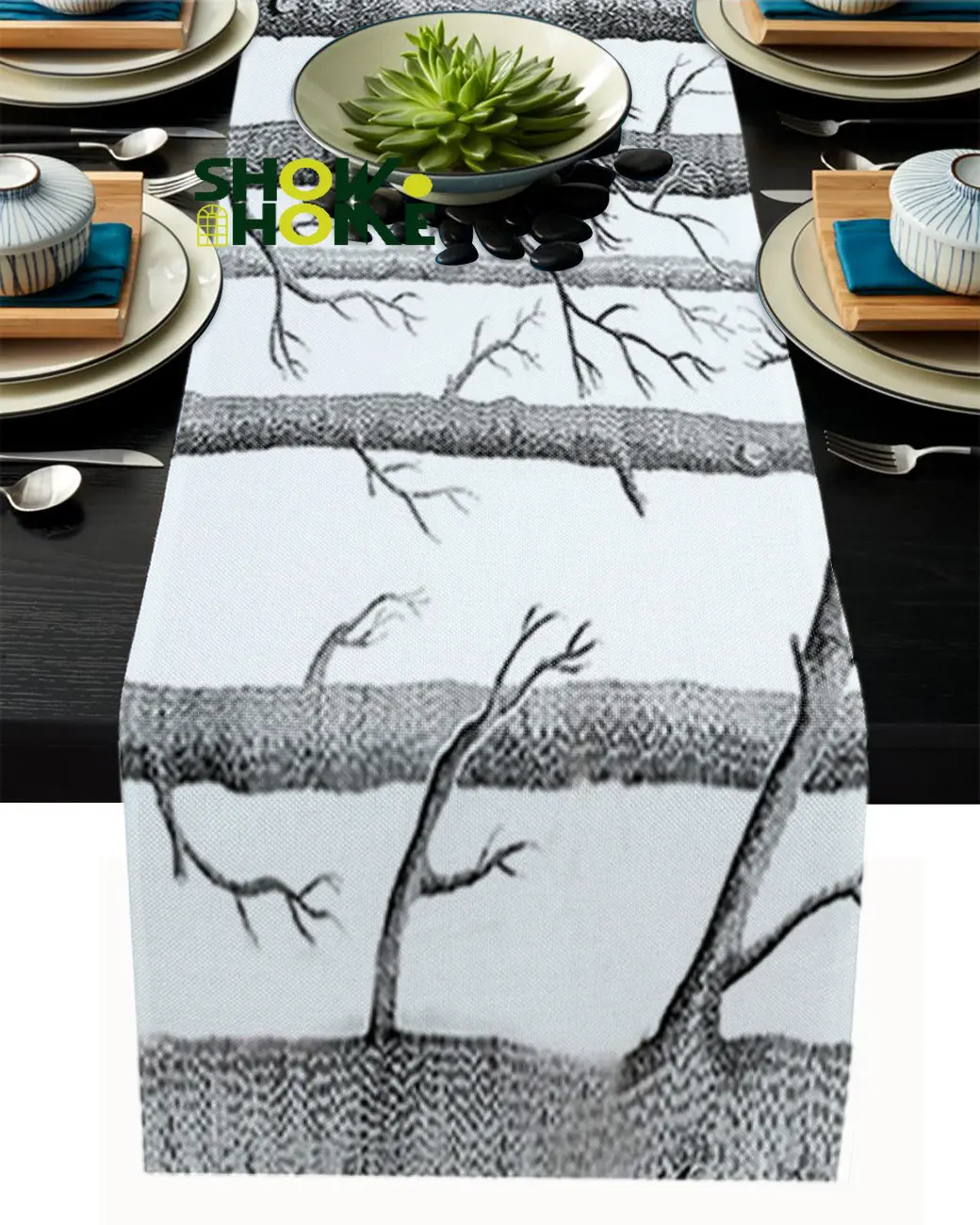 

Серые и белые ветки дерева, современная настольная дорожка, домашний декор, скатерть для чайного столика, Настольная дорожка для свадебной вечеринки