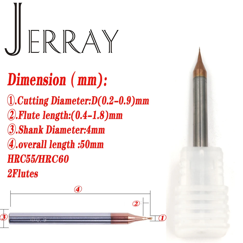 JERRAY-Micro Carbide Flat End Mill, Square End Mill, CNC Ferramentas de Corte para Metal, D0.2, 0.3, 0.4, 0.5, 0.6, 0.7, 0.8, 0.9mm, 2 Flautas, HRC55