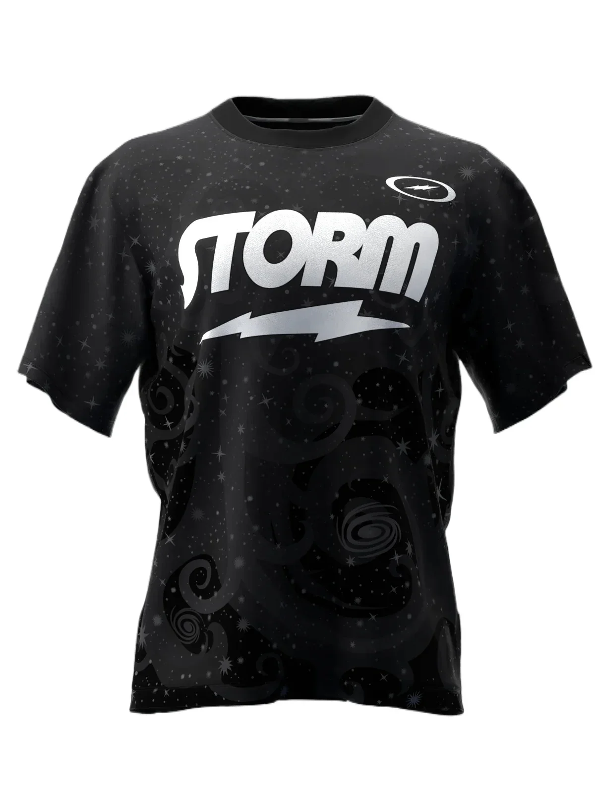 2026 Black Crewneck T-Shirt, STORM Logo, Full Dark Swirl Print, Quick Dry Breathable Fabric for Bowling Competitions