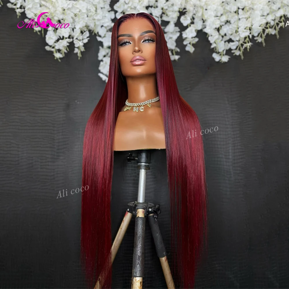 Highlights 99j Burgundy 13x6 Drawstring for Women 13x4 Straight Human Hair Wigs 5x5 Invisible Lace Closure Wigs 180 Density