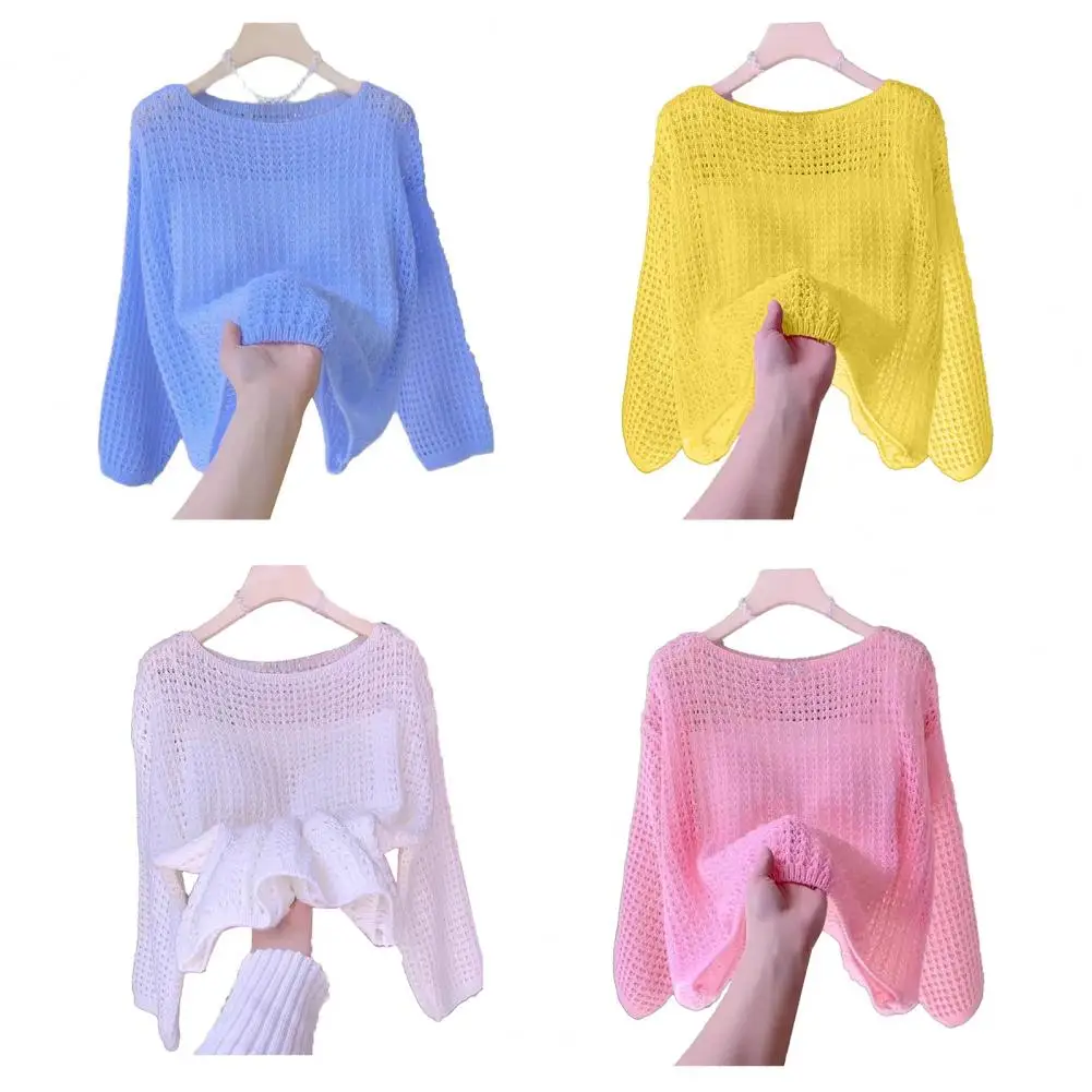

Womens Crochet Hollow Out Shirts Long Sleeve Pullover Sweater Solid T Shirts 2026 Spring Summer Lightweight Sweaters Blouse