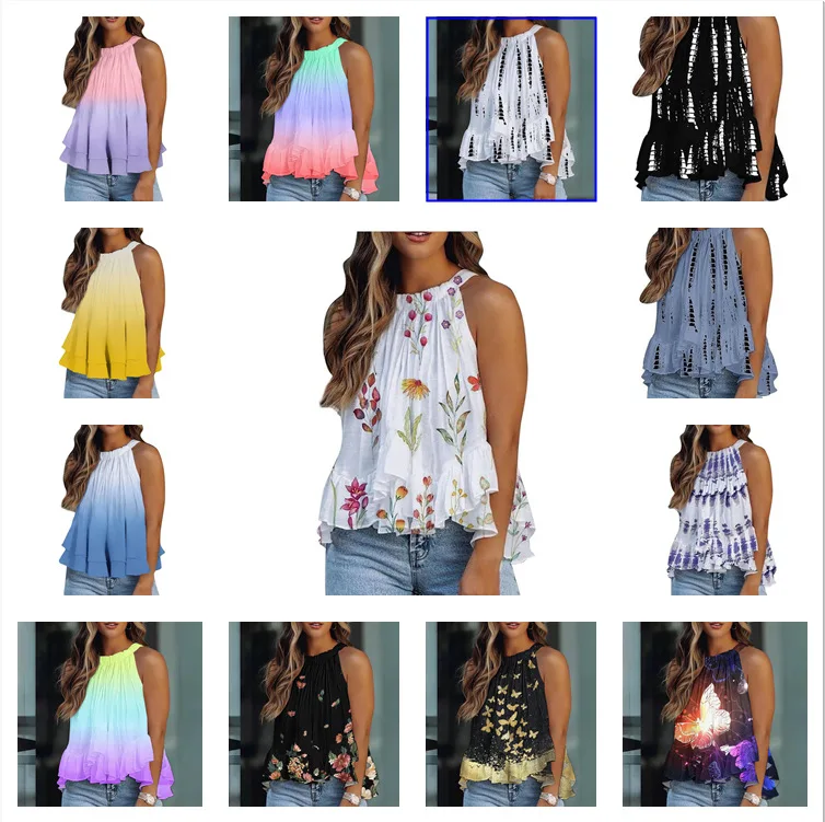 New Sexy Fashion Print Round Neck Hanging Neck Tie up Sleeveless Sweet Shirt for WomenWomen Vest Tops