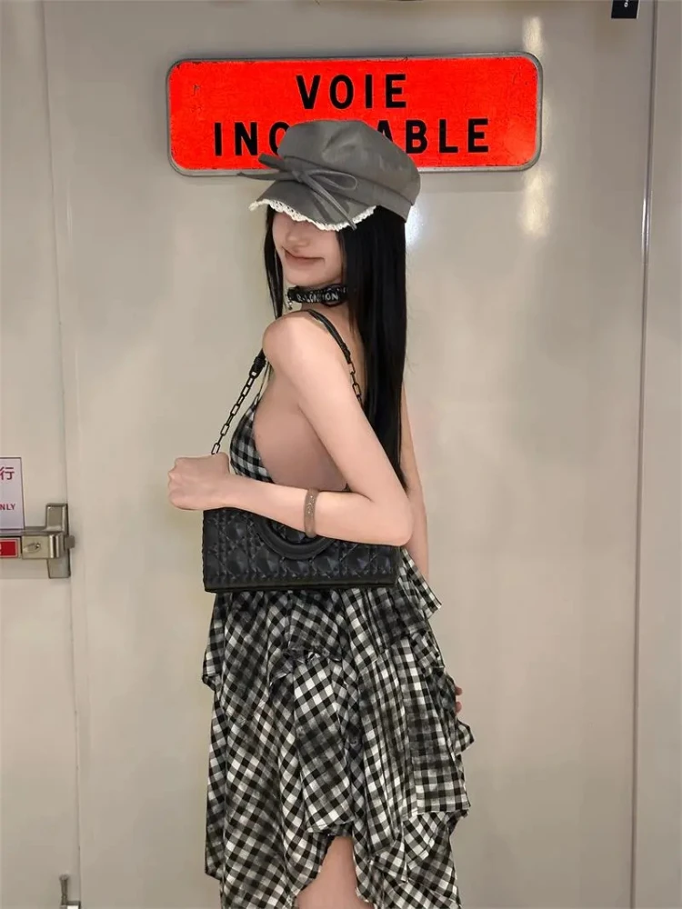 Picante meninas retro irregular dupla camada xadrez cinta vestido verão temperamento sem mangas a linha festa mini vestidos