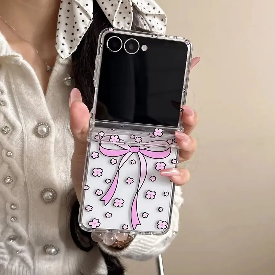 Minimal Sweet Girly Pink Bow Flower Printed Clear Phone Case for Samsung Galaxy Z Flip 7-3 Crystal Bead Strap Protective Cover