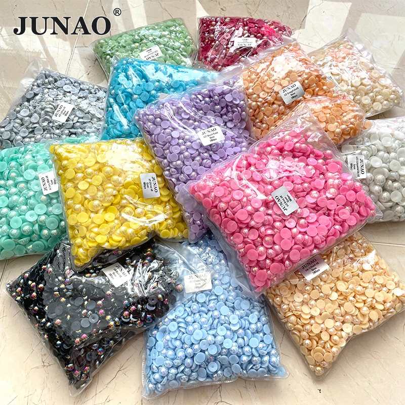 JUNAO 2 4 6 8 10 12 14mm Aquamarine AB Imitation Flatback Pearls Half Round Pearl ABS Plastic Rhinestones Beads For DYI Jewelry