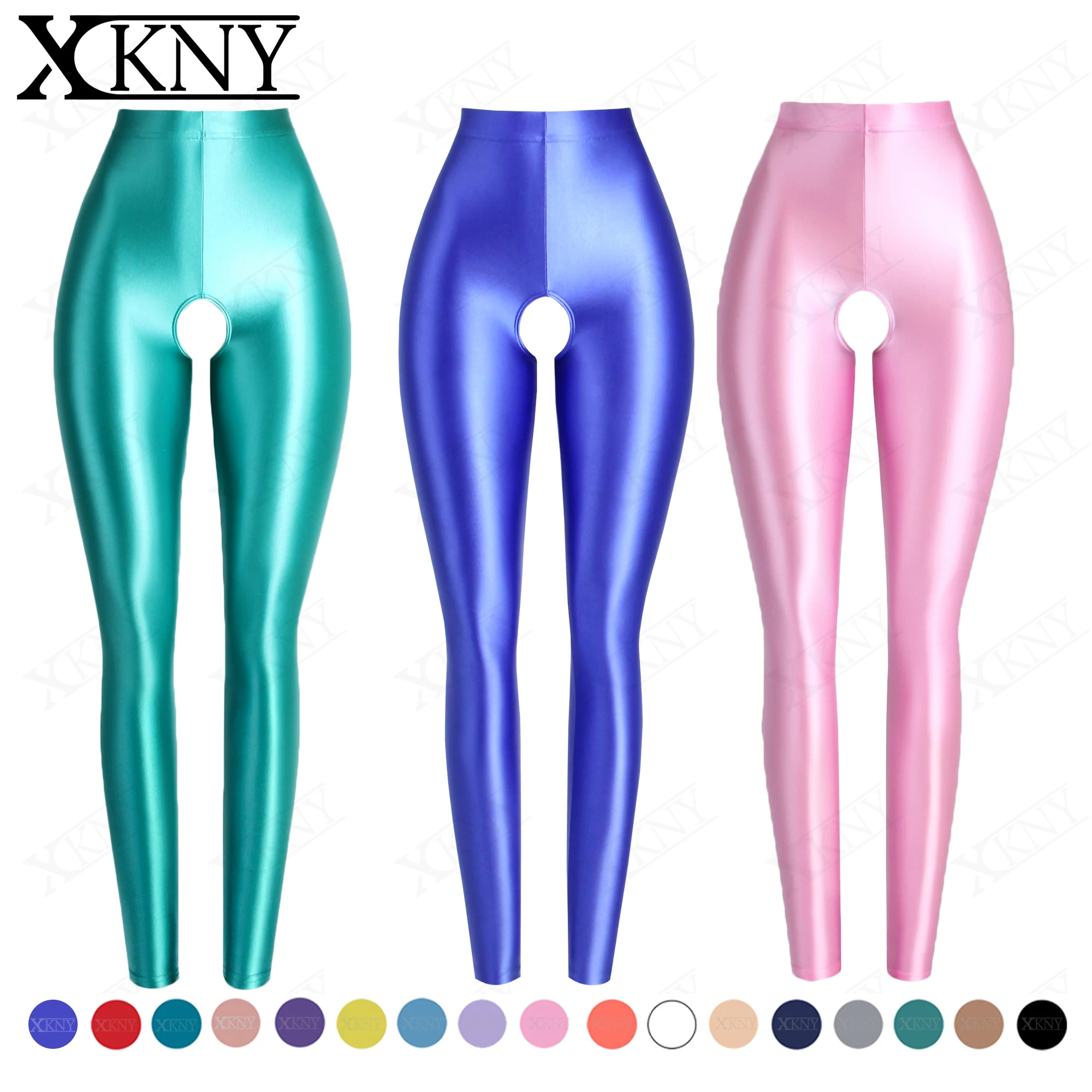 

XCKNY Satin oil glossy tights pants Leggings high waist glossy pants Ninth pants shiny yoga sport Open crotch glossy sweatpants