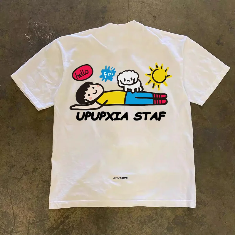 Loose Fit Cotton T-Shirt Unisex Short Sleeve Double Thread UPUPXIA Hero Print Sweat Absorbent round Neck Casual Summer Top