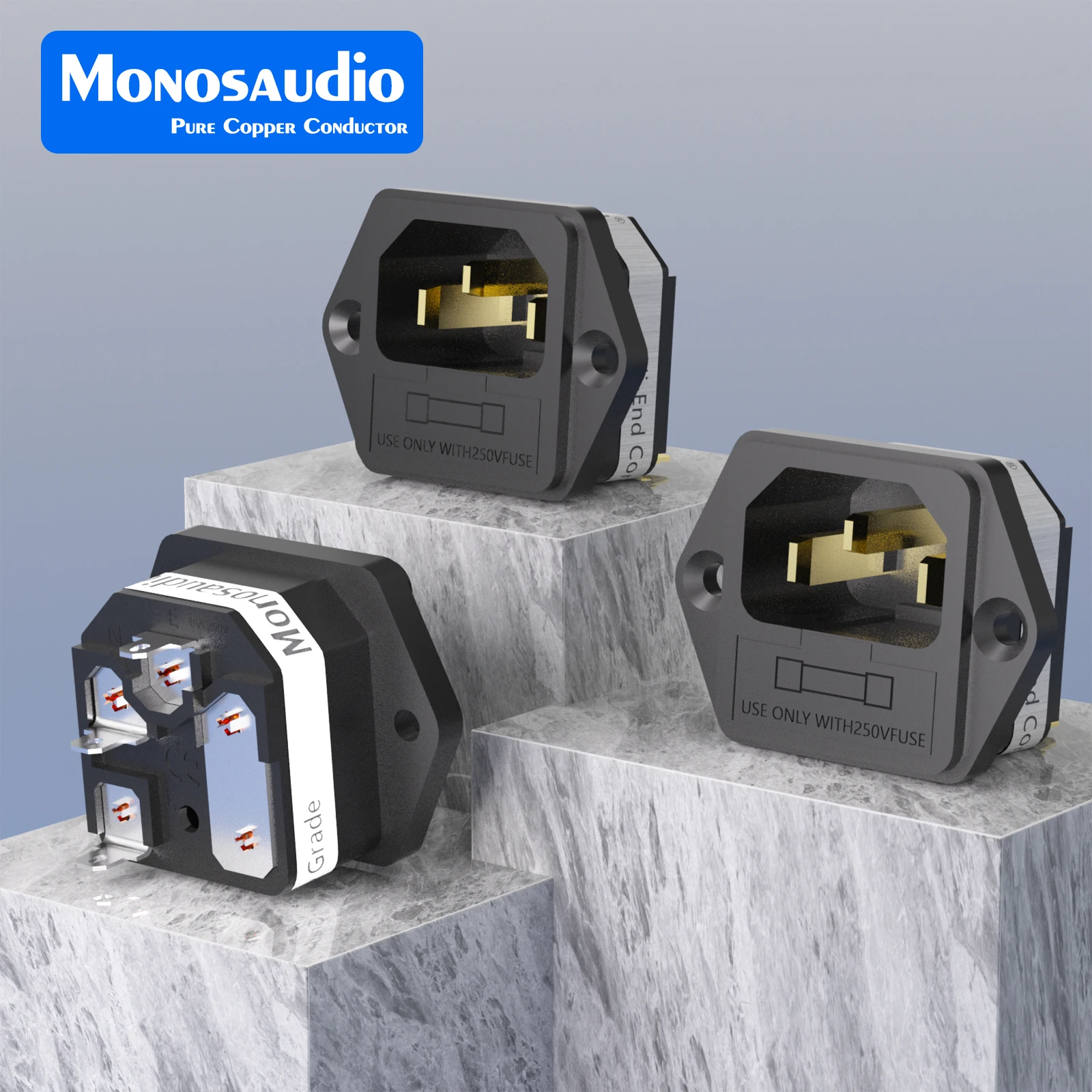 Monosaudio IF76 Pure Copper Rhodium /24K Gold Plated IEC AC Power Cable Audio Inlet Input Socket Solder HIFI with Fuse