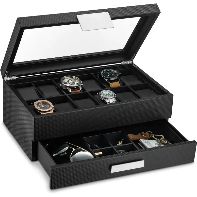 Watch Box with Valet Drawer for Men - 12 Slot Luxury Case Display Organizer, Carbon Fiber Design