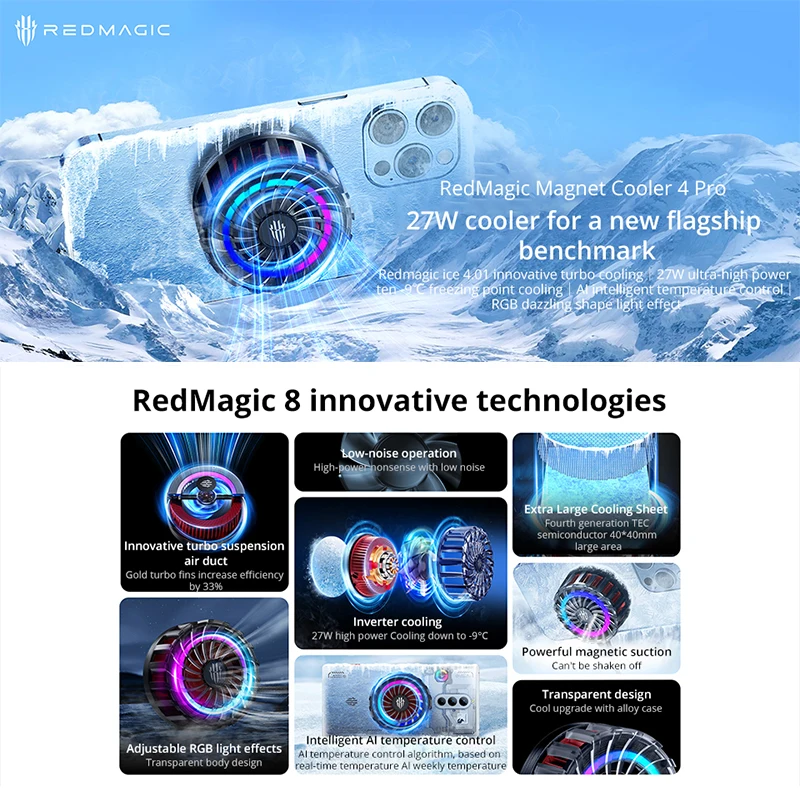 Original Redmagic 4 Pro Cooler Magnetic PA3116 27W AI Temperature Control RGB Fourth Generation TEC Phone REDMAGIC Accessories