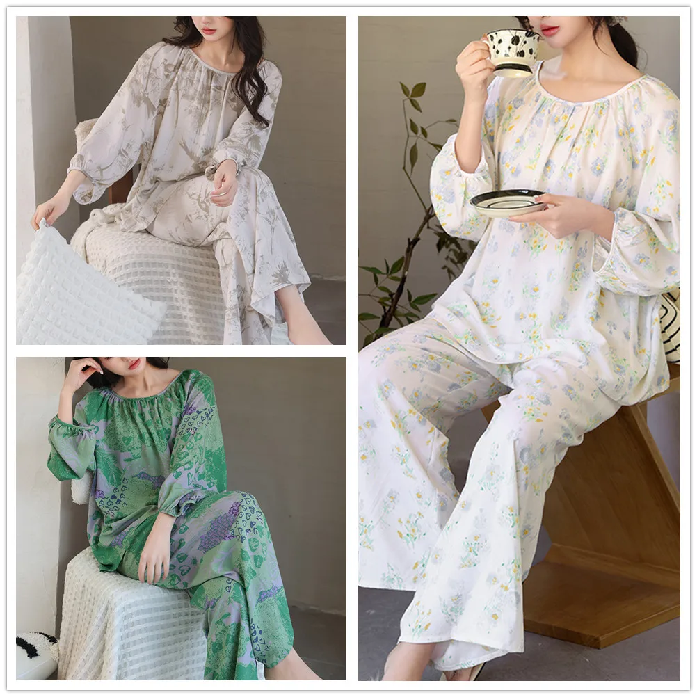 Women's Pajamas Set Sleepwear Print Pullover Pants Pyjama 2 Piece Suit Femme Loose Comfy Nightwear Loungewear