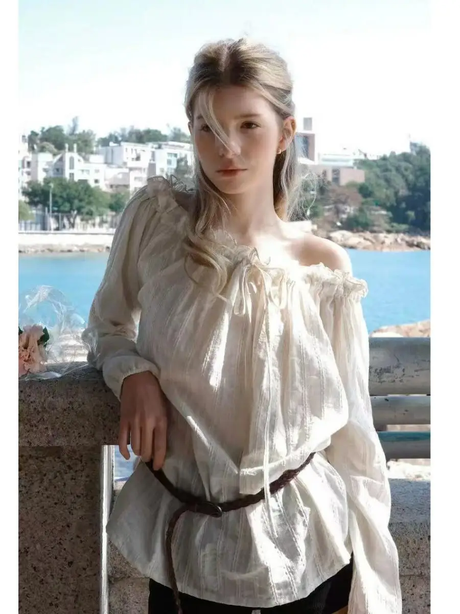 

Женская рубашка с открытыми плечами и поясом, с длинными рукавами, в нежном стиле, свободного кроя, с эффектом похудения, из хлопка, повседневный топ