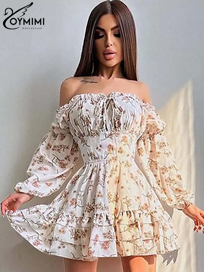 

Oymimi Elegant White Print Women's Dress Fashion Long Sleeve Strapless Lace-Up Dresses Casual High Waisted Pleated Mini Dresses