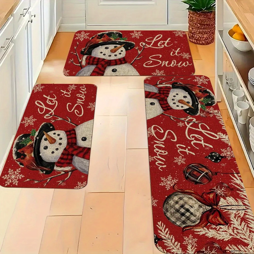 VIKAMA Christmas Snowman Snowflake Kitchen Rug Set Non Slip Washable Floor Mat Indoor Holiday Decor for Family Xmas Holiday