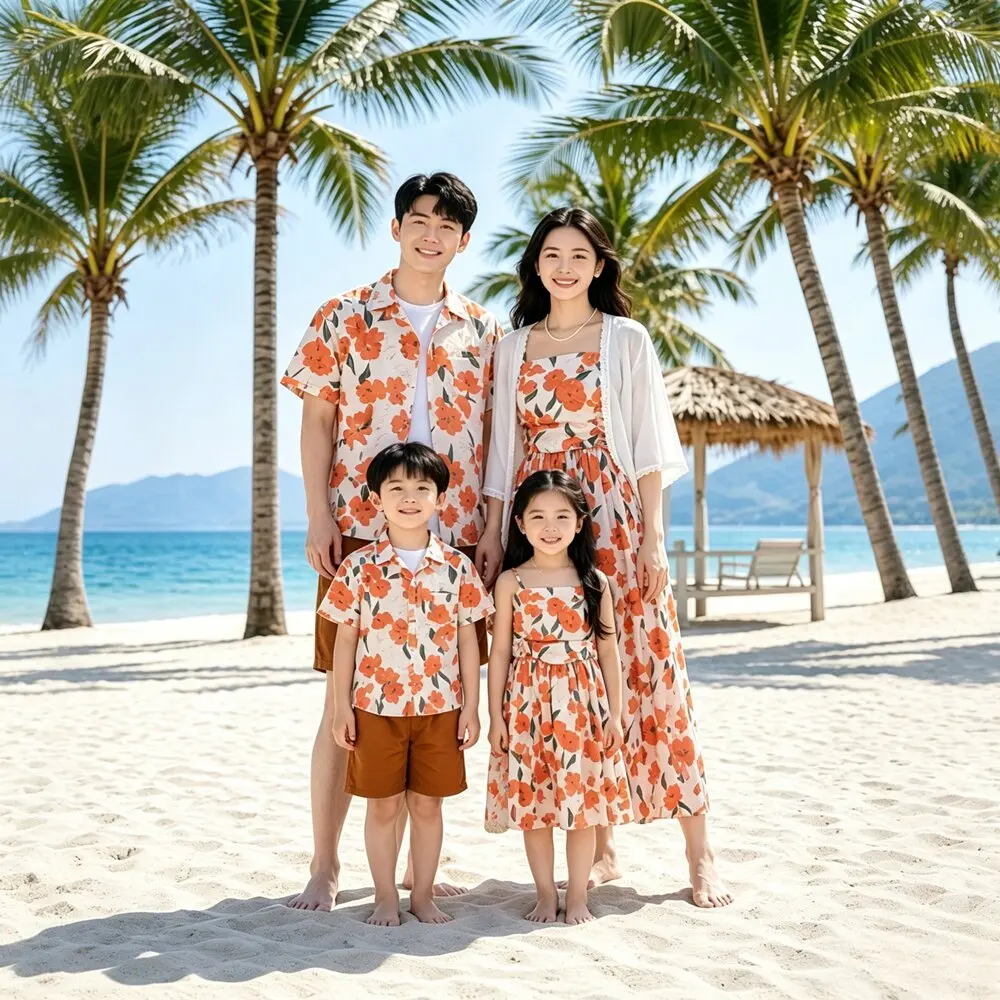 Vacation Family Matching Outfit Dad Son Floral Shirt Shorts Mom Daughter Strap Dress Couple Beach Resort Parent Child Clothes