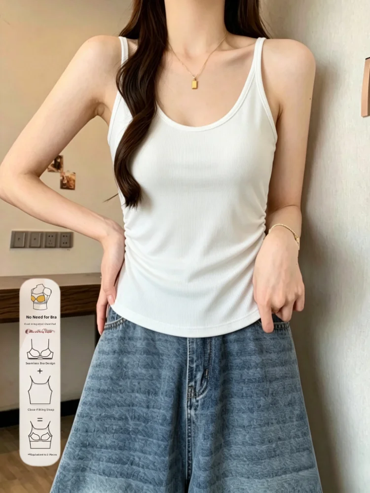 Women's Cotton Blend Tank Top with Chest Pad Belted Waist Slimming Summer Fashion Basic  Color Outerwear Innerwear