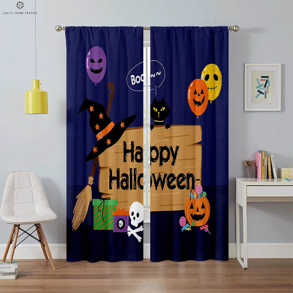 

Cartoon Print Curtains for Kids Room, Restaurant, Kitchen, Party, Holiday Decoration, Easy to Wash and Care, 2PCs