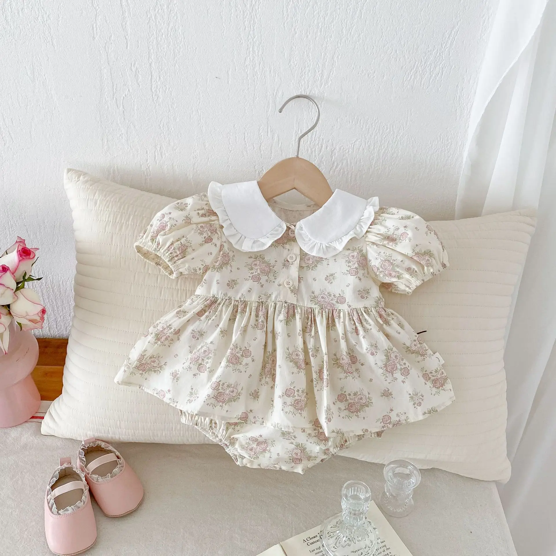 Baby Clothes Summer Infant Girl Puff Sleeve Floral Bodysuit Dress Cotton Toddler Doll Collar One Piece Newborn Girl Romper Dress