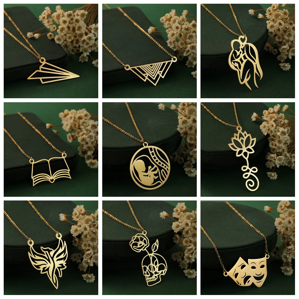 Kinitial Dainty Lotus Flower Books Necklace Women Stainless Steel Phoenix Comedy and Tragedy Mask Choker Necklace Gifts Jewelry
