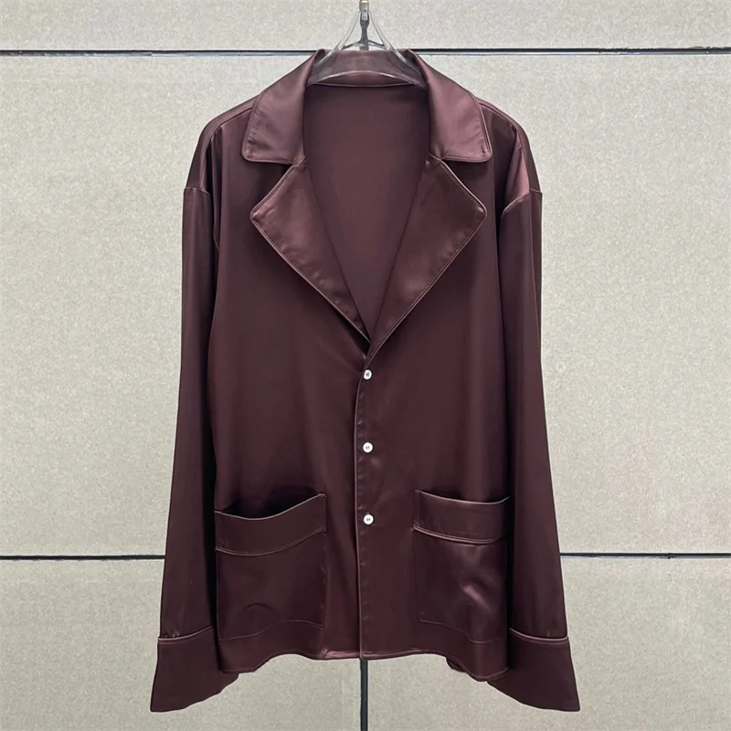 

Женская рубашка 2026: Новинка лета, однобортная, с длинным рукавом, из атласа, приталенная, с отложным воротником. Повседневная женская блузка.