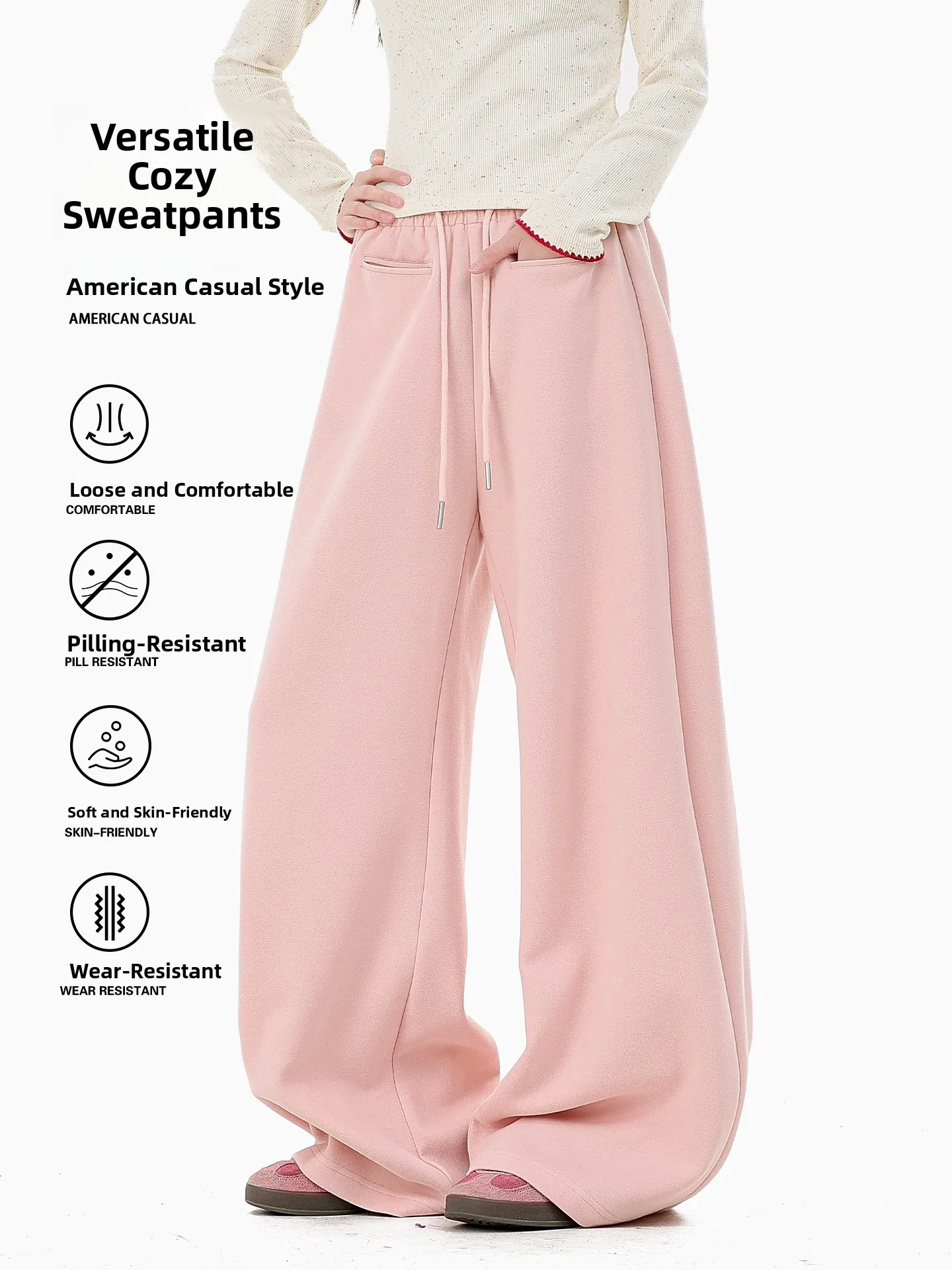 American Style Loose Casual Wide Leg Floor Length Fleece Sweatpants Men Women 2026 New Pink Sport Brushed Pants