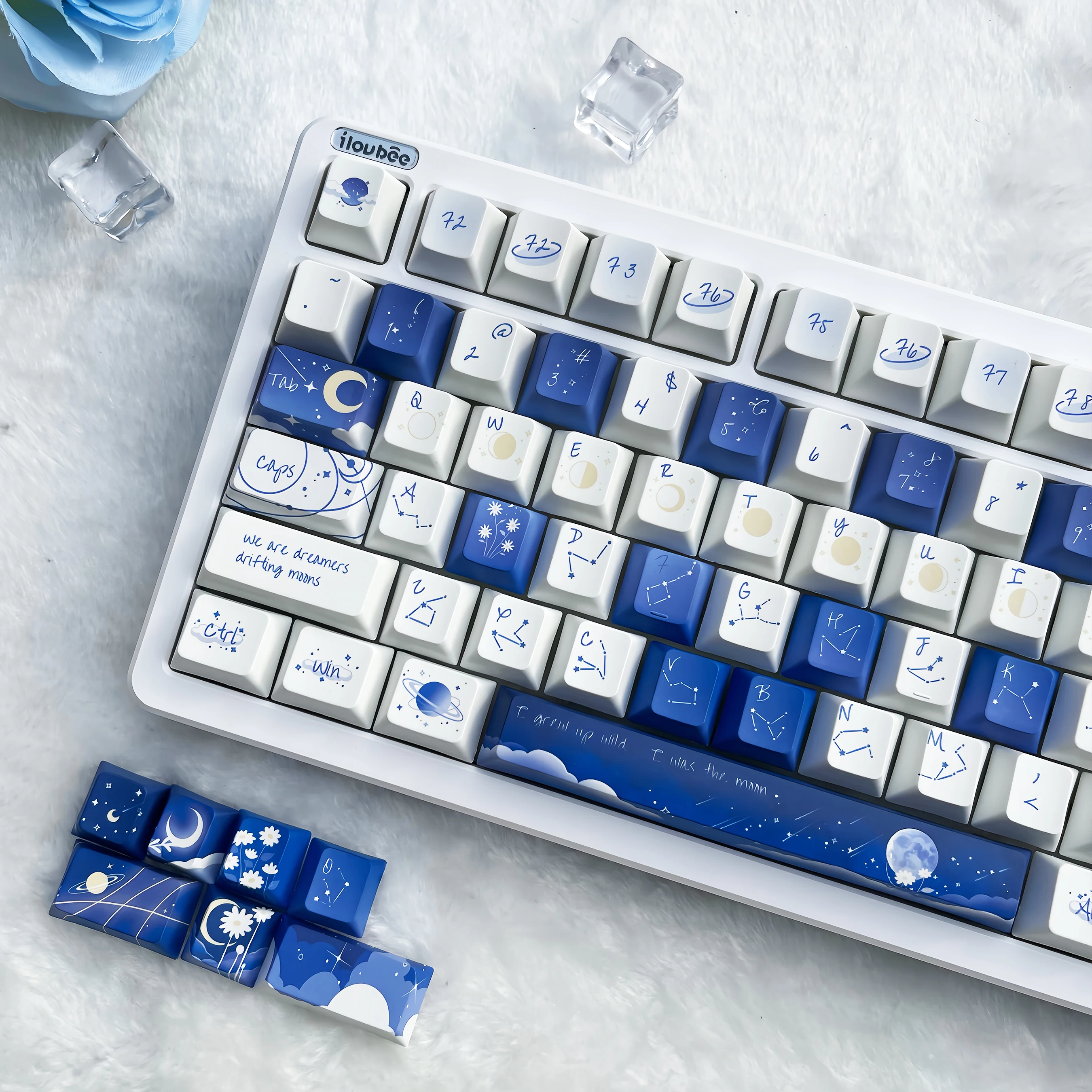 Starry Sky Theme Cute Keycaps Blue Key Cap PBT Cherry Profile 120 Keys Keycap Mechanical Keyboard Made68 Mad68 Wooting 60