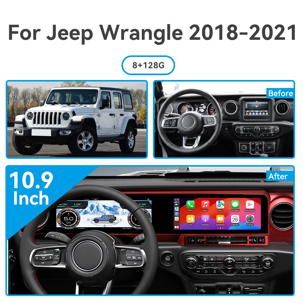 For Jeep Wrangler JL 2018-2023 Dual Screen Digital Cluster Car Multimedia Player Car GPS Navigation Virtual Cockpit Instrument