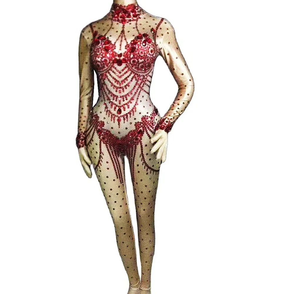 

Red Rhinestones Jumpsuit Nightclub Singer Show Performance Costume Birthday Celebrate Party Print Bodysuit