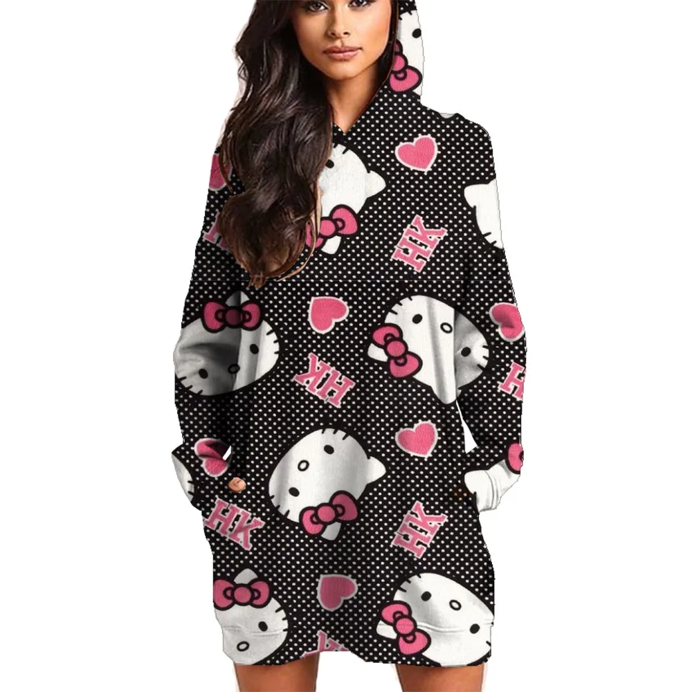 

Hot Sale Oversize Printing Women Sweatshirt 2024 Autumn Anime Style Loose High Quality Hoodies Hello Kitty Print Hoodie dress
