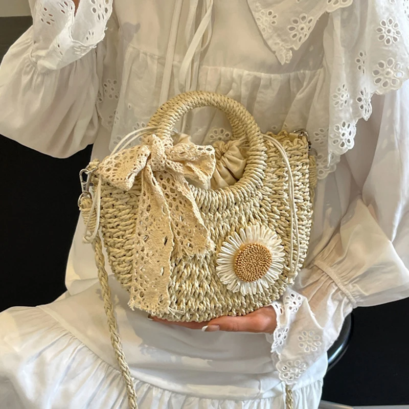 Handwoven Straw Rattan Half-Moon Beach Handbag Small Women Summer Hollow Out Crossbody Shoulder Bag