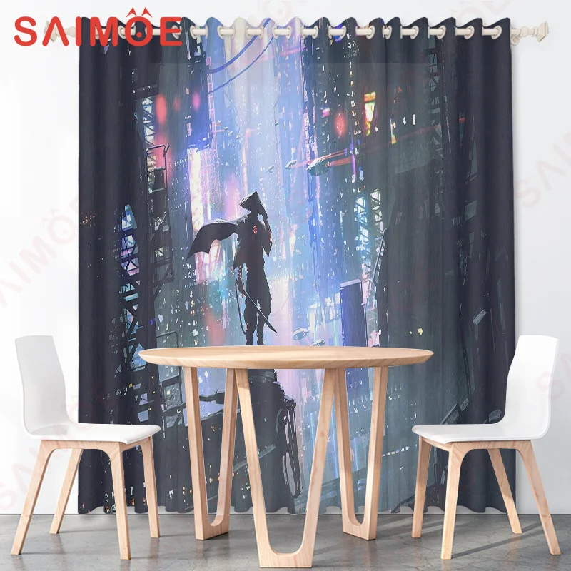 Japanese Style Animated Character Night Curtain Solid Color Background Thin Polyester Fabric Office Bedroom Decoration with Hook