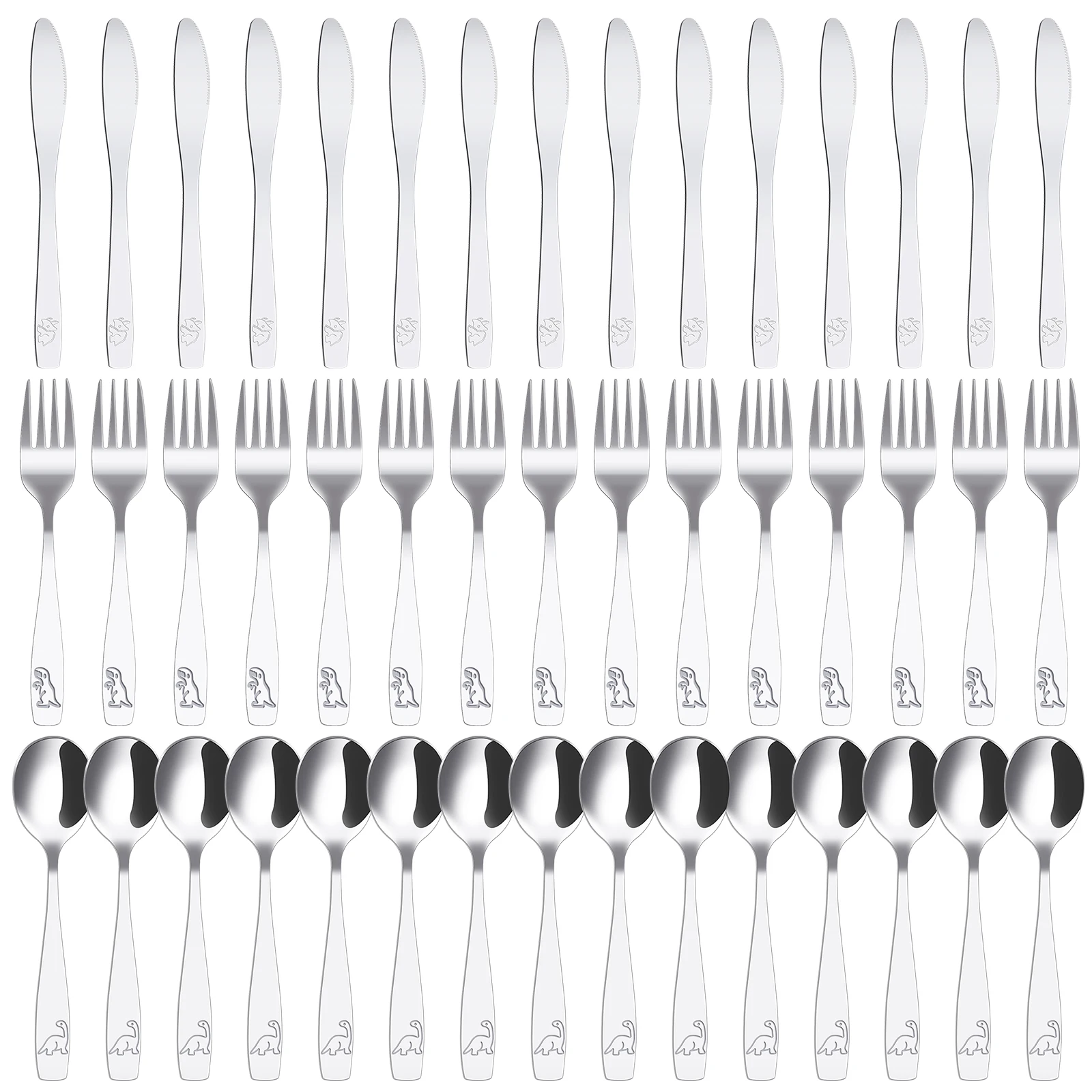 45Pcs Kids Silverware Set Stainless Steel Toddler Fork Spoon and Cutter Set Ergonomic Safe Toddler Utensils Engraved Dinosaur