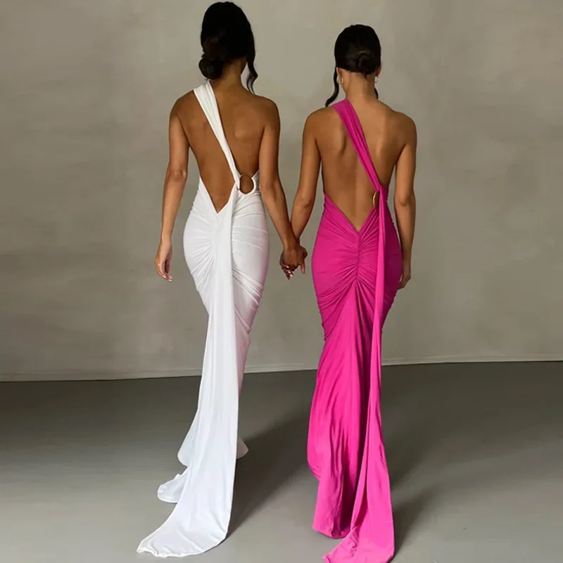 

Oblique Shoulder Backless Maxi Dress For Women Gown Summer Back Strap Sleeveless Ruched Party Sexy Long Dress Vestidos