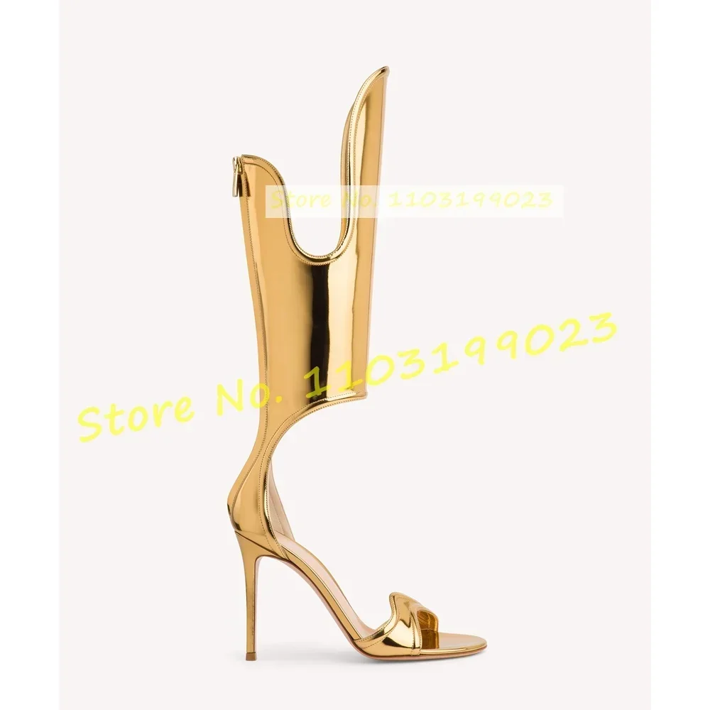 

Gold Metallic Leather High Heels Sandals Women Wave Strap Open Toe Zipper Rome Shoes Female Party Shiny Sexy Elegant Sandals