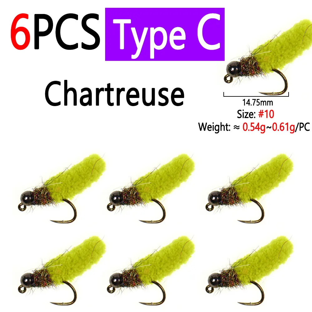 Bimoo 6 Stück Messing-/Wolfram-Kugelkopf-Mop-Fliegen, künstliche Kranichfliegen, Caddis-Larven, Nass-Jig-Nymphenfliegen für Forellen- und Fischgrälfischerei