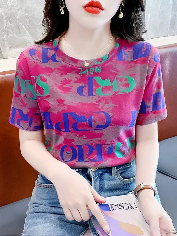 

Модная женская футболка с буквенным принтом, свободного кроя, с коротким рукавом, летний топ премиум-класса, женская рубашка из полиэстера, теплая.