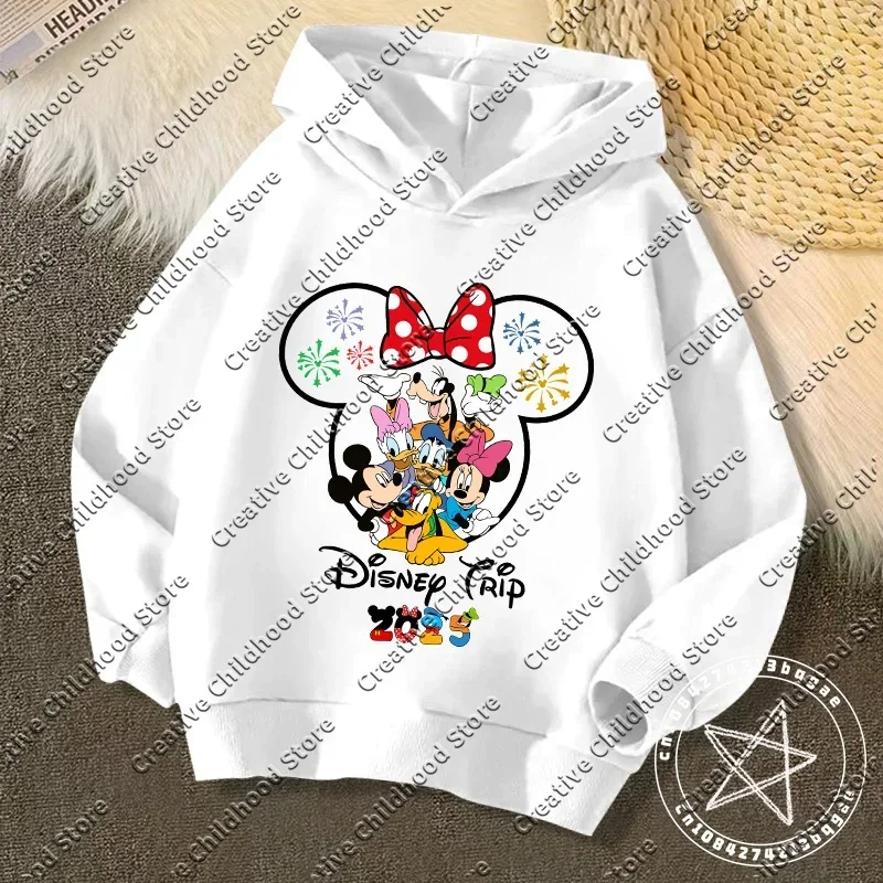 Disney Kawaii 2025 Fashion Disneyland Trip Vacation Clothes Caricature Hoodie Children Top Cartoons Girl Clothes Boy Disney Kids