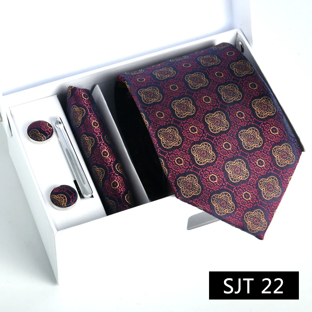 luxury tie for man ties high quality Set 5-Piece White Gift Boxed Square Scarf Cufflinks Tie Clip Formal Business Stripe New