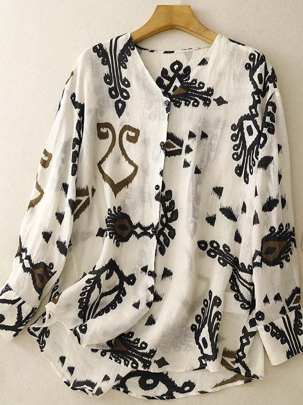 

Faionable Loose Printed irt Women's plus Size Artistic Sle Thin Cotton Long Sve V-Ne Button-Up Casual Inner Wear