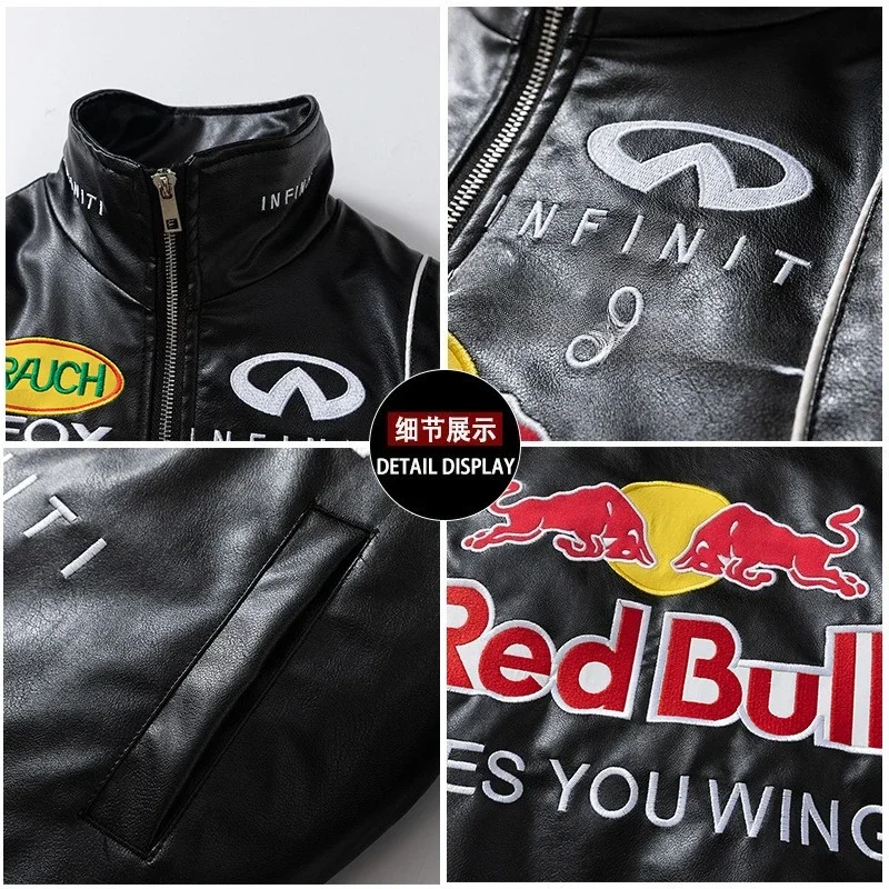 New Red Bull Embroidered Leather JacketMotorcycletand-upCollar RidingJacket,Fall/Winter Leather Garment, Motorcycle Trendy Style
