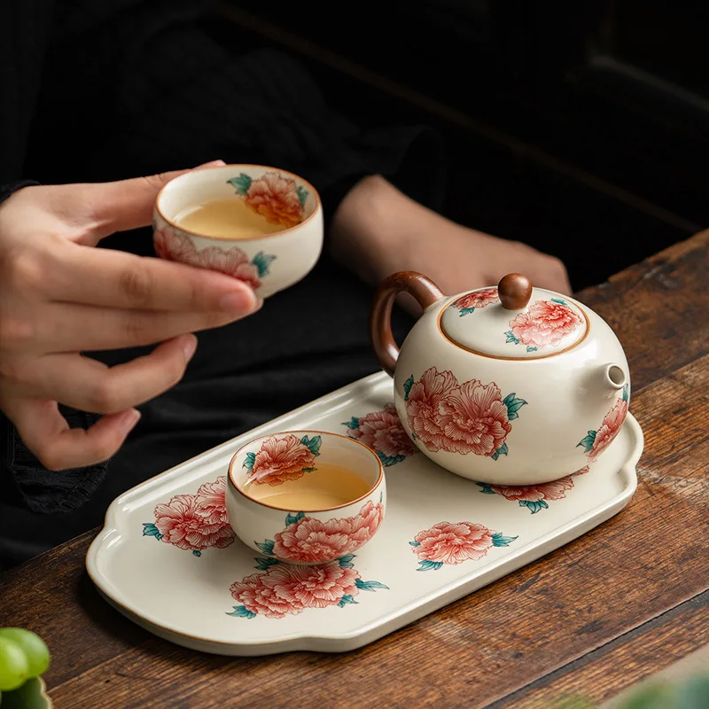 

Chinese Tea Cup Set Ru Kiln Peony Flower Xishi Pot Household One Pot Two Cups with Tea Tray Kung Fu Tea Set Teapot