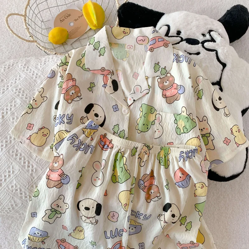 موضة الكرتون طباعة الحلو المرأة منامة الفرنسية عادية لطيف Y2K منامة للنساء التلبيب الرقبة زر تصميم 2 قطعة مجموعة ملابس منزلية #3